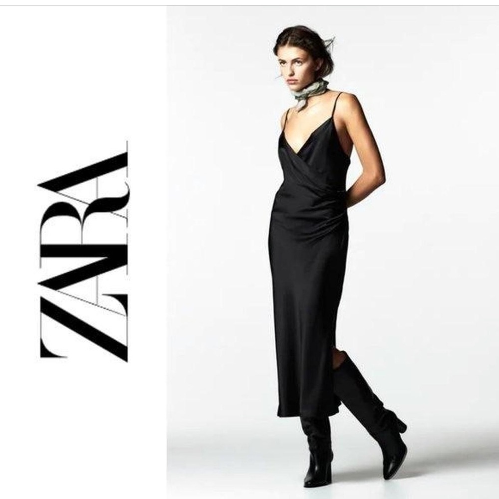 Zara black silk wrap midi dress